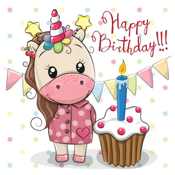 Цветной вариант раскраски единорог поздравляет с днем рождения