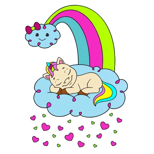 Цветной пример раскраски единорожек в облаках на радуге