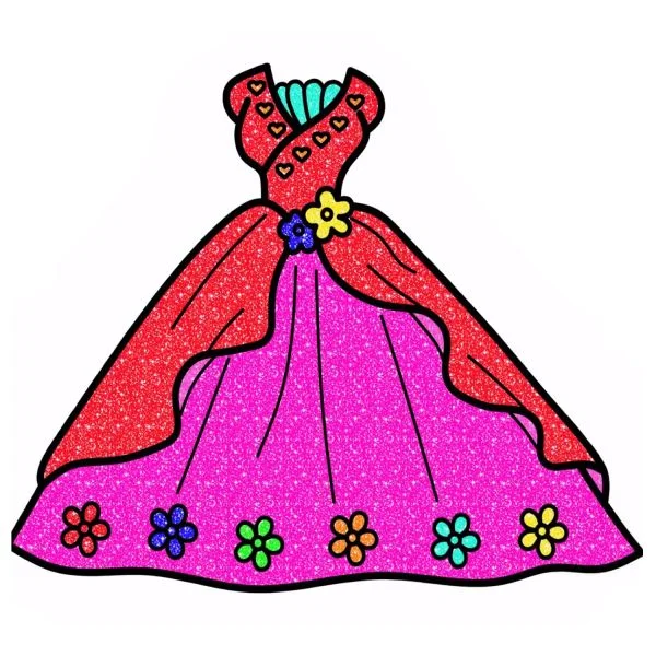Цветной вариант раскраски вечернее платье