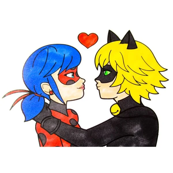 Цветной вариант раскраски маринетт и адриан (кот нуар) супергерои