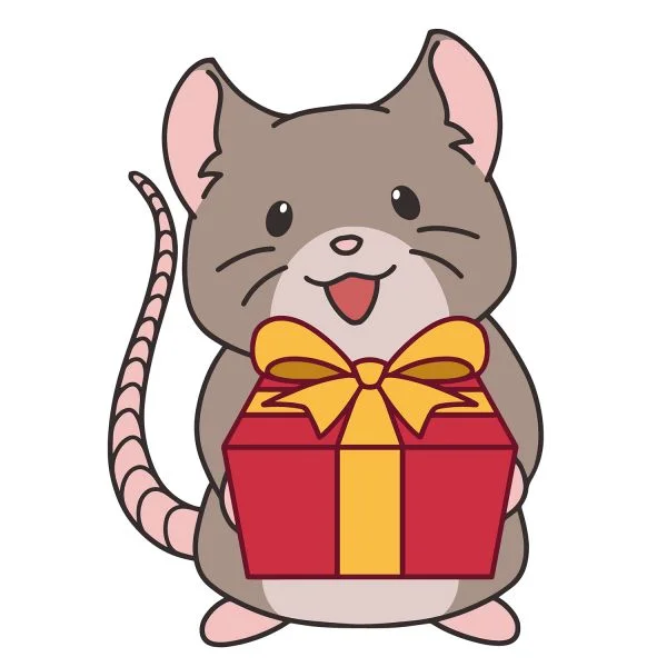 Цветной вариант раскраски мышка с подарком