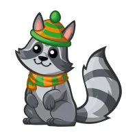 Цветной пример раскраски забавный енот в шапке и шарфике