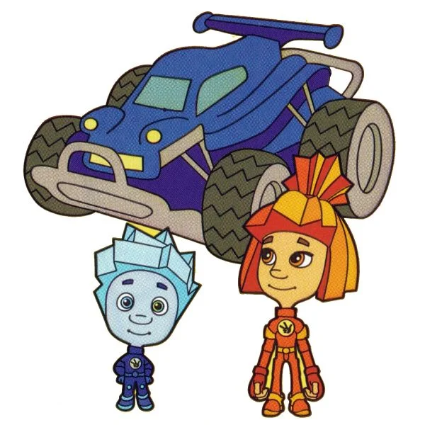 Цветной вариант раскраски нолик и симка с машиной | фиксики