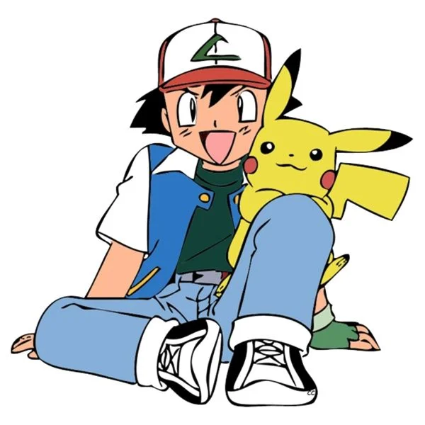 Цветной вариант раскраски пикачу и мальчик эш