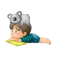 Цветной вариант раскраски коала и мальчик