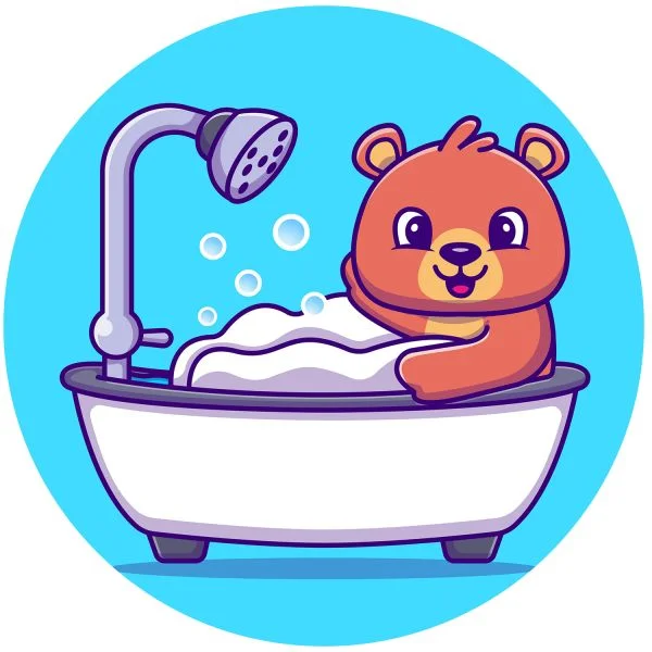 Цветной вариант раскраски мишка в ванне