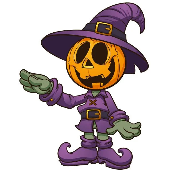 Цветной вариант раскраски страшная тыква в костюме