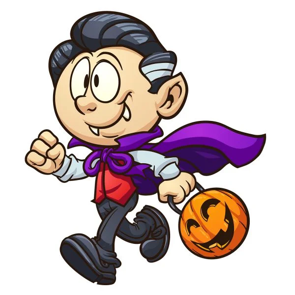 Цветной вариант раскраски мальчик в костюме дракулы