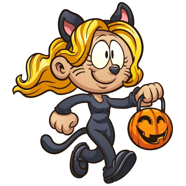 Цветной вариант раскраски девочка с тыквой в костюме кошечки