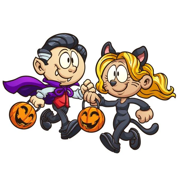 Цветной вариант раскраски дети бегут за конфетами