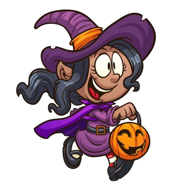 Цветной вариант раскраски милая ведьма в шляпе