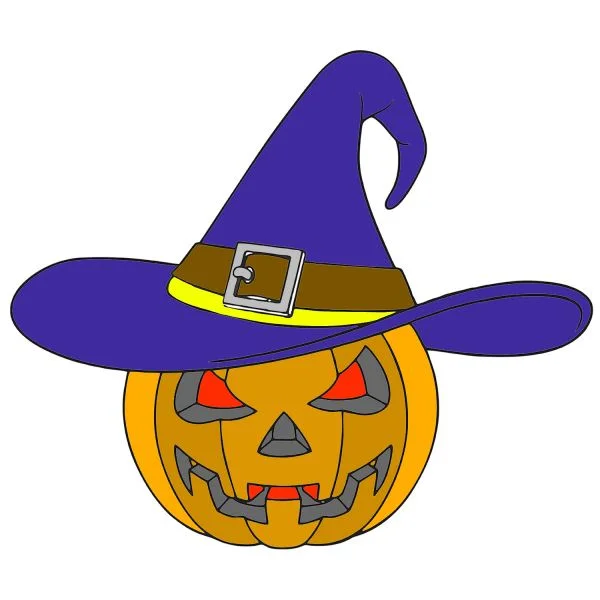 Цветной вариант раскраски тыква в шляпе хэллоуин