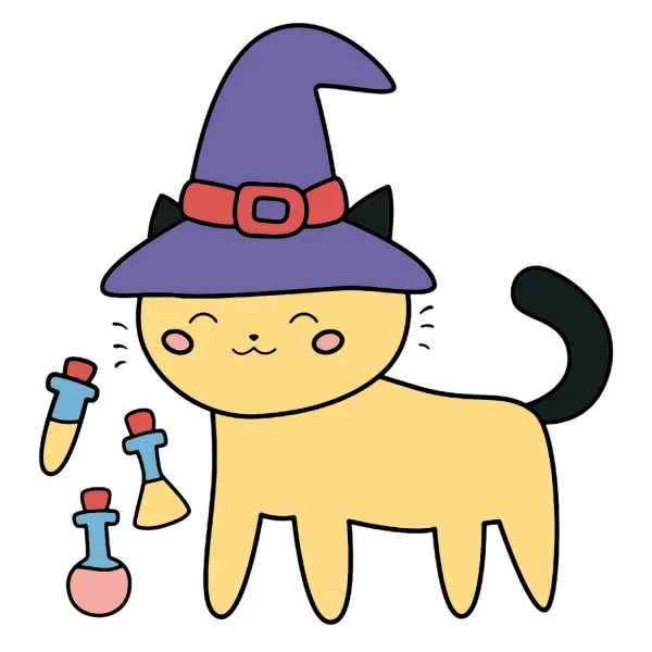 Цветной вариант раскраски хэллоуин кошечка в шляпе