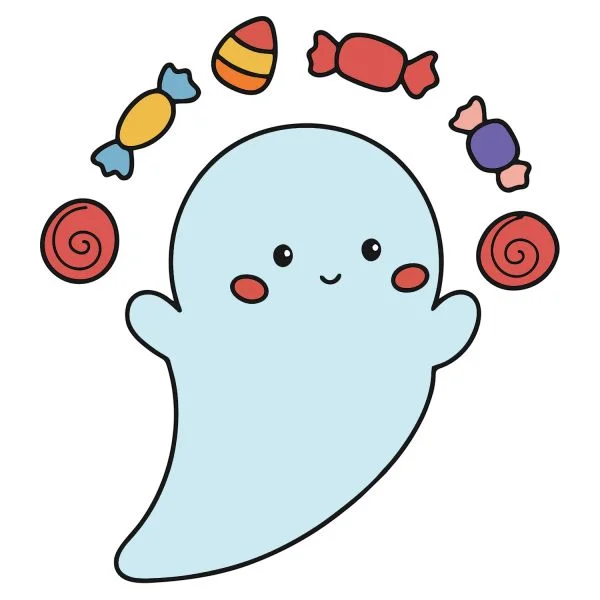 Цветной вариант раскраски хэллоуин привидение с конфетами