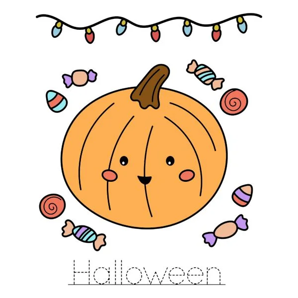 Цветной вариант раскраски тыква, гирлянда, конфеты