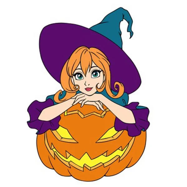 Цветной вариант раскраски милая ведьма и тыква