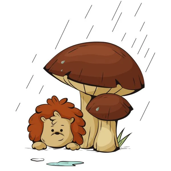 Цветной вариант раскраски ежик спрятался от дождя