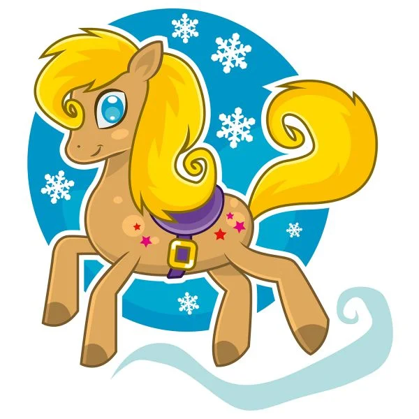 Цветной вариант раскраски пони в снежинках