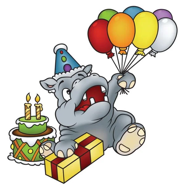 Цветной вариант раскраски бегемотик с шариками на день рождения