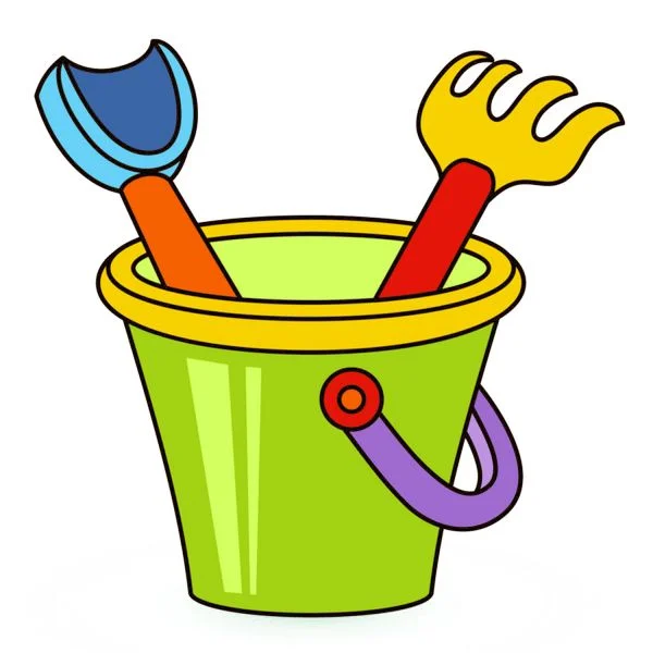 Цветной пример раскраски ведерко, совочек, грабли
