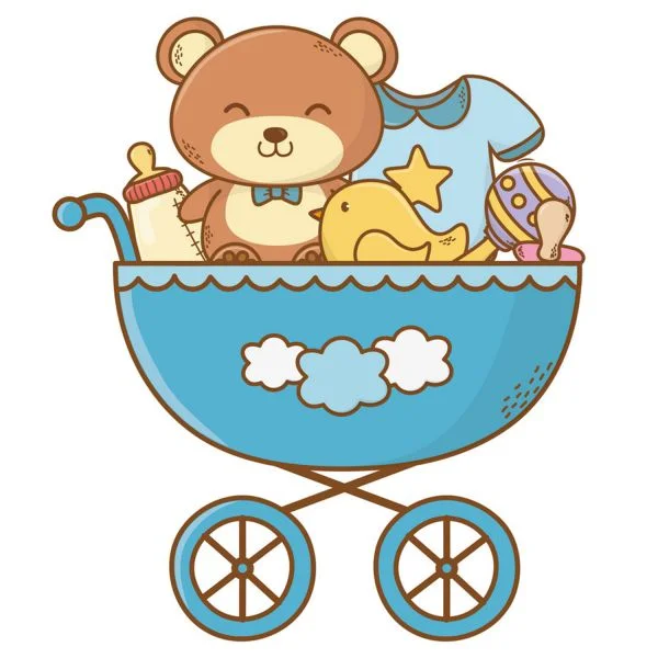 Цветной вариант раскраски коляска с игрушками