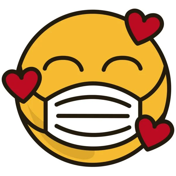 Цветной вариант раскраски смайлик с сердечками в маске