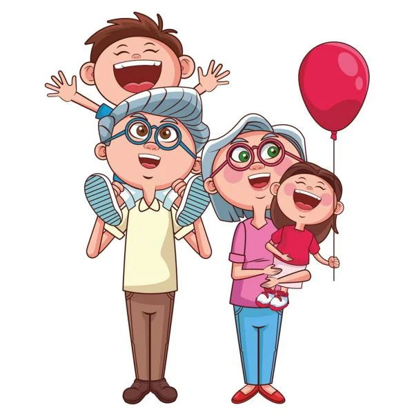 Цветной вариант раскраски семья, веселые родители и дети