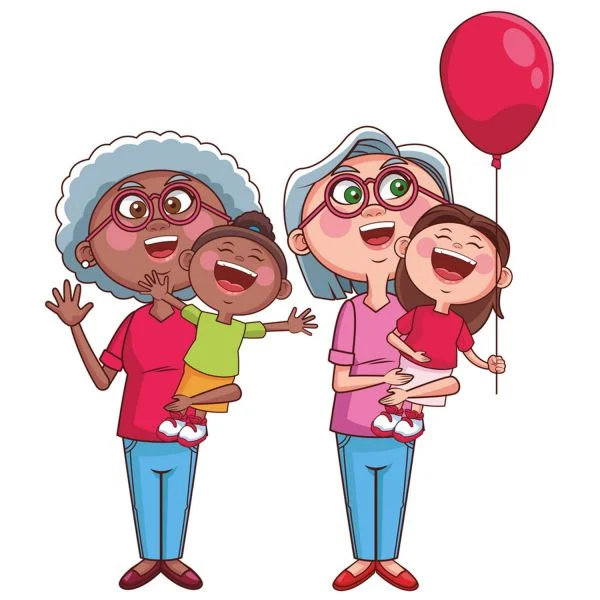 Цветной вариант раскраски бабушки с внучками