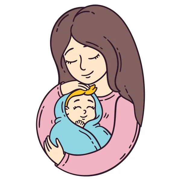 Цветной вариант раскраски семья, мама и новорожденный малыш