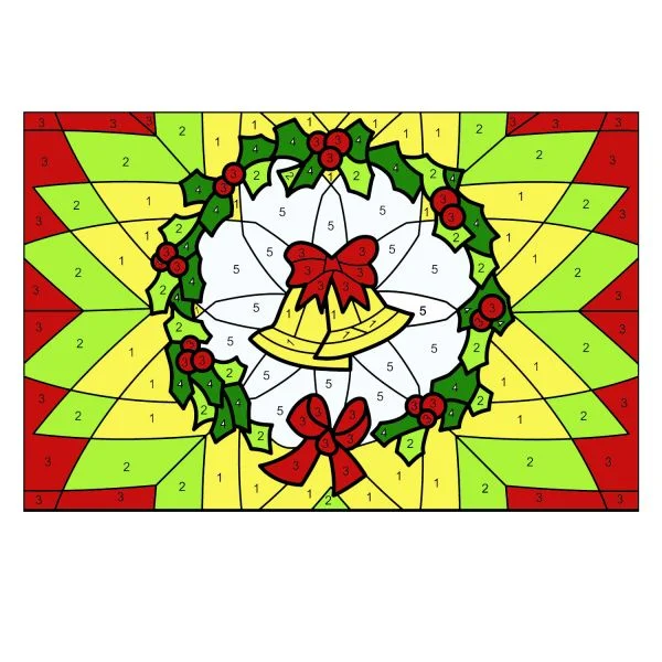 Цветной вариант раскраски по номерам: новогодняя картинка с колокольчиками