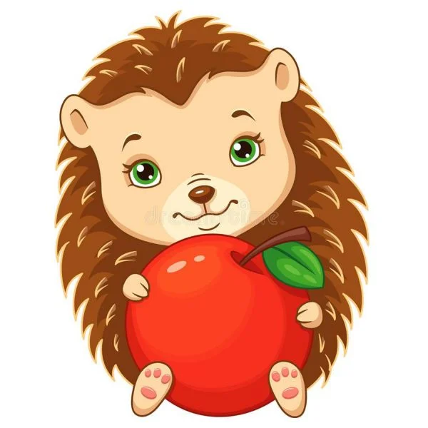 Цветной вариант раскраски ежик с яблочком