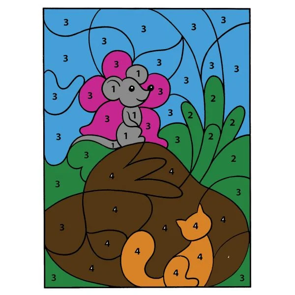 Цветной вариант раскраски по номерам: мышка и кошечка