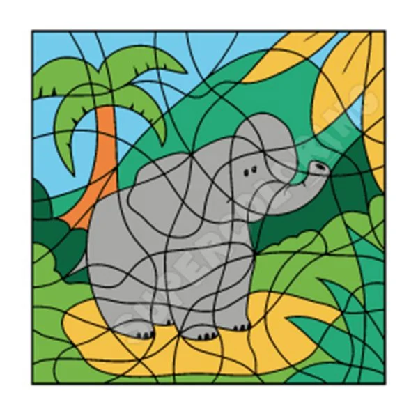 Цветной пример раскраски по номерам: слоник и пальмы