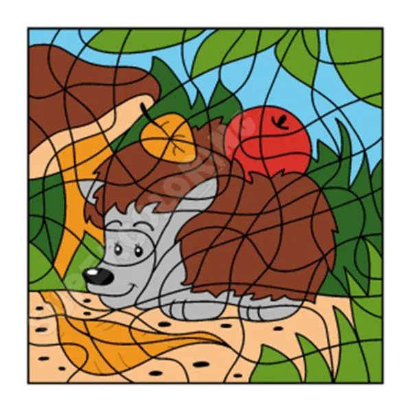 Цветной вариант раскраски по номерам: ёжик в лесу