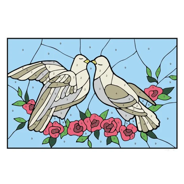 Цветной вариант раскраски по номерам: голубки
