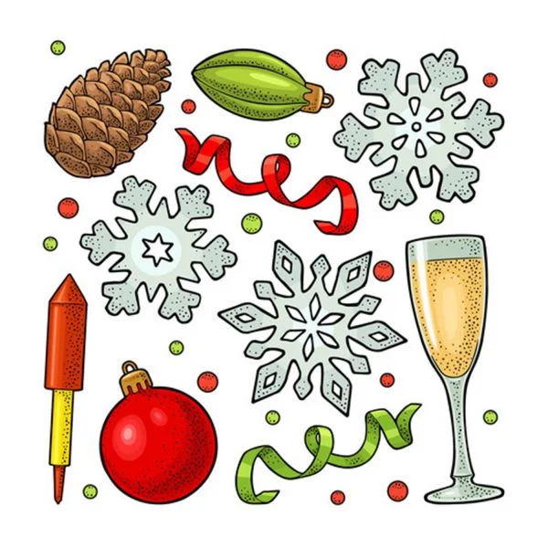 Цветной вариант раскраски шишки, конфетти, снежинки