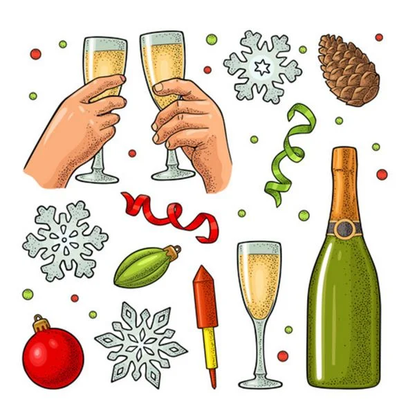 Цветной вариант раскраски игрушки, шишки, снежинки