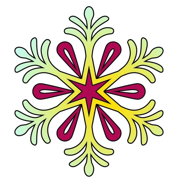 Цветной вариант раскраски необычной формы снежинка