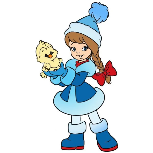 Цветной вариант раскраски с птичкой в руках