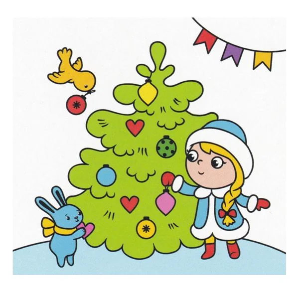 Цветной вариант раскраски елка, игрушки, животные