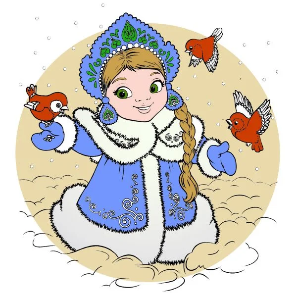 Цветной пример раскраски русская красавица и птички