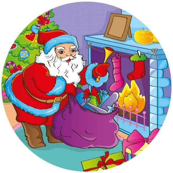 Цветной вариант раскраски дед мороз кладет подарки у камина