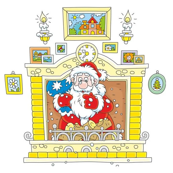 Цветной вариант раскраски дедушка мороз спустился из камина