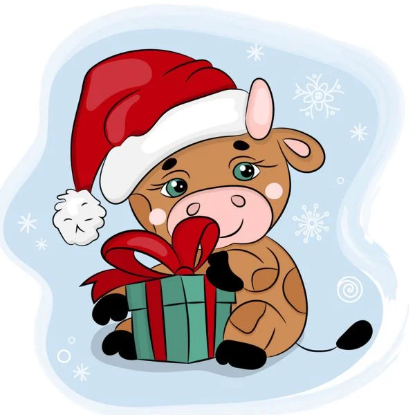 Цветной вариант раскраски бычок с новогодним подарком