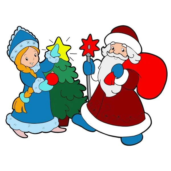 Цветной вариант раскраски наряжают елку