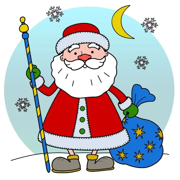 Цветной вариант раскраски дедушка мороз с посохом и мешком подарков