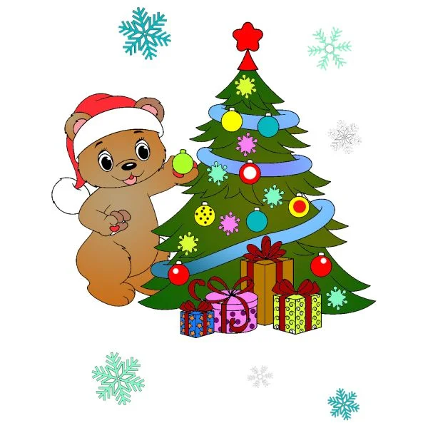 Цветной вариант раскраски мишка наряжает ёлку на новый год