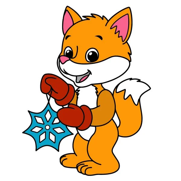 Цветной вариант раскраски лисенок с елочной игрушкой