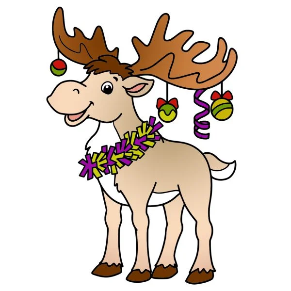 Цветной вариант раскраски лось с новогодними игрушками