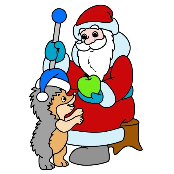 Цветной вариант раскраски дедушка мороз поздравляет ежика